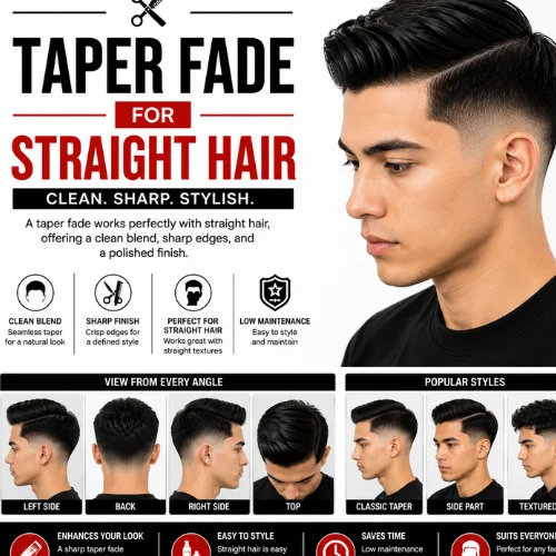 Taper fade for straight hair featuring a clean side-part hairstyle, smooth taper fade on the sides and back, with left, right, back, top, and classic style views in a modern barber haircut guide.