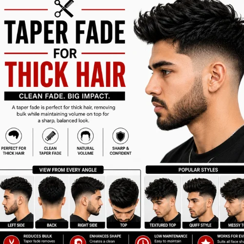Taper fade for thick hair featuring a textured thick hairstyle, clean taper fade on the sides and back, with left, right, back, and top views plus popular styling options in a modern barber haircut guide.