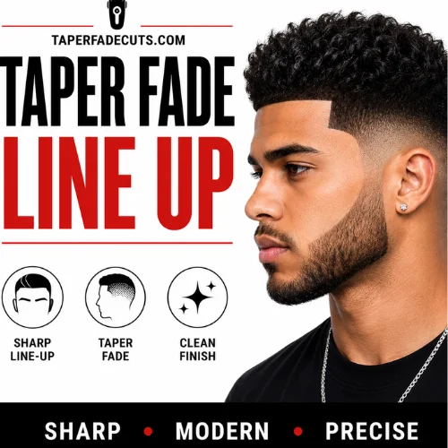 Taper fade line up haircut for men featuring a sharp edge-up hairline, clean taper fade on the sides, textured curly hair on top, and a well-groomed beard with modern barber styling.