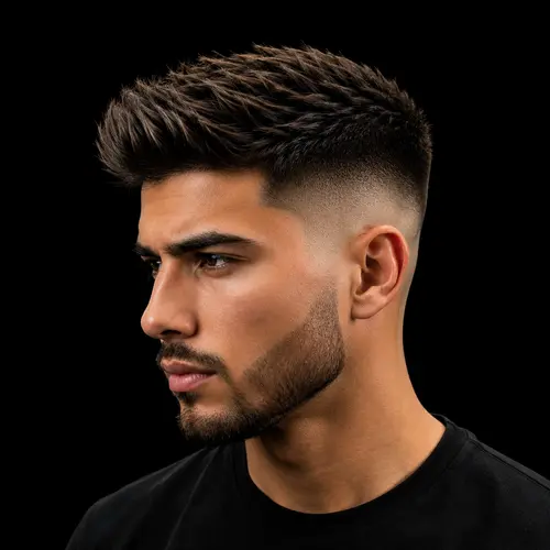 Modern taper fade haircut side profile featuring a clean fade, textured hair on top, sharp beard blend, and natural neckline on a black background.