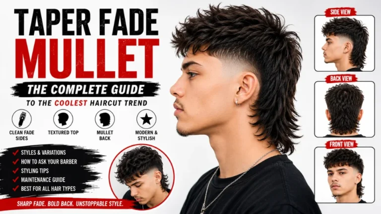 Professional Taper Fade Mullet feature image highlighting the complete guide to the coolest haircut trend with a modern taper fade, textured mullet hairstyle, clean blending, styling advice, maintenance tips, and expert barber recommendations on a white background.