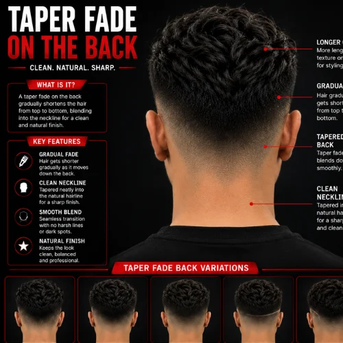Taper fade on the back featuring a clean tapered neckline, smooth fade transition from the crown to the neck, natural back blend, and multiple back view variations in a modern men's barber haircut guide.
