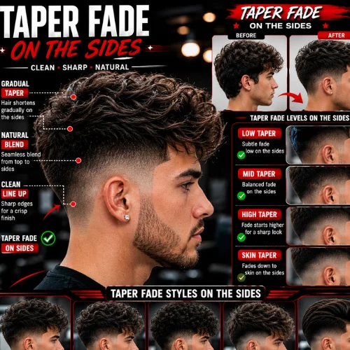 Taper fade on the sides featuring a textured hairstyle with clean tapered sides, smooth fade transition, low, mid, high, and skin taper fade variations, plus side profile examples in a modern barber haircut guide.