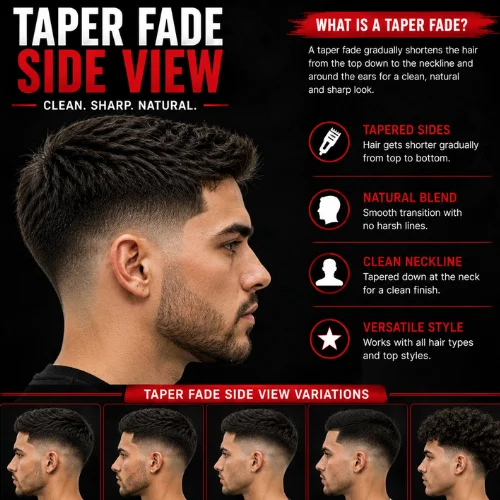 Taper fade side view featuring a clean taper fade haircut with a textured top, smooth side blend, natural neckline, and multiple side profile variations in a modern men's barber hairstyle guide.