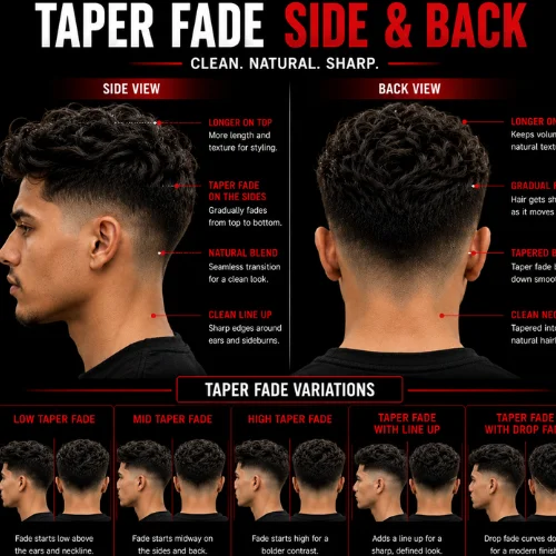 Taper fade side and back view featuring a clean taper fade haircut with textured hair on top, smooth side and back fade transition, natural neckline, and low, mid, high, line-up, and drop taper fade variations in a modern barber hairstyle guide.