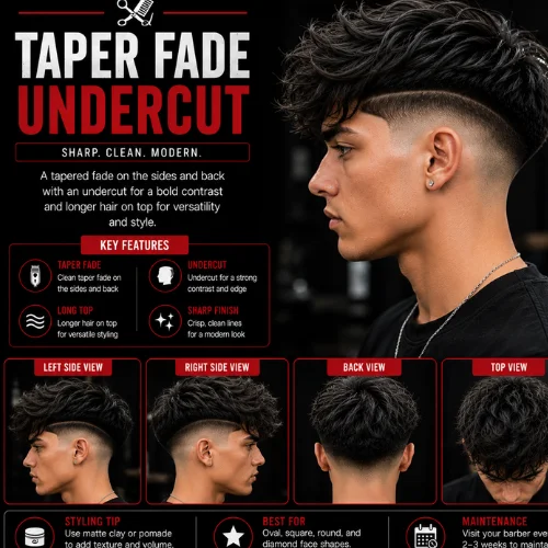 Taper fade undercut hairstyle for men featuring a long textured top, sharp undercut, clean taper fade on the sides and back, with left, right, back, and top views in a modern barber styling guide.