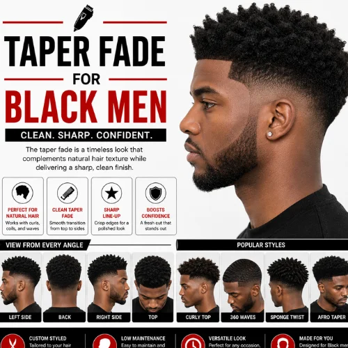 Taper fade for Black men featuring a textured Afro hairstyle, clean taper fade on the sides and back, sharp line-up, with left, right, back, and top views plus popular Black men's hairstyle variations in a modern barber guide.