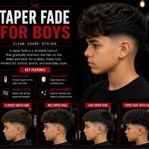 Taper fade haircut for boys featuring a clean textured top, smooth taper fade on the sides and back, with classic, mid, and low taper fade variations in a modern barber hairstyle guide.