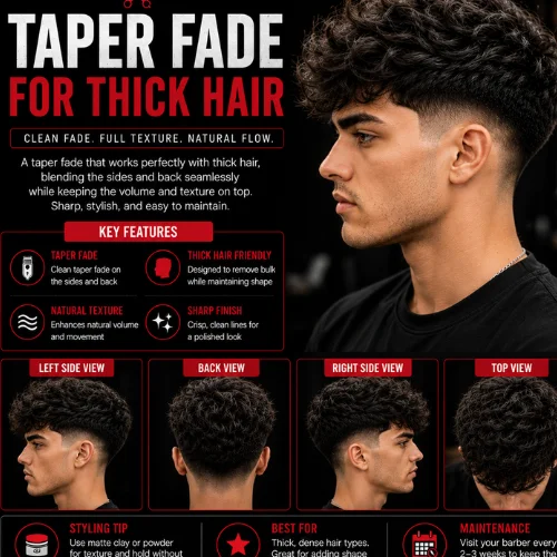 Taper fade for thick hair featuring a textured thick hairstyle, clean taper fade on the sides and back, left, right, back, and top views with a modern barber styling guide.