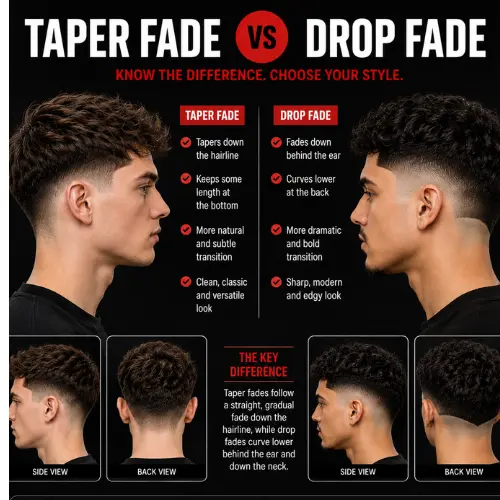 Taper fade vs drop fade haircut comparison infographic showing the key differences between taper fade and drop fade hairstyles with side-by-side men's haircut examples, side views, back views, and fade transition details.