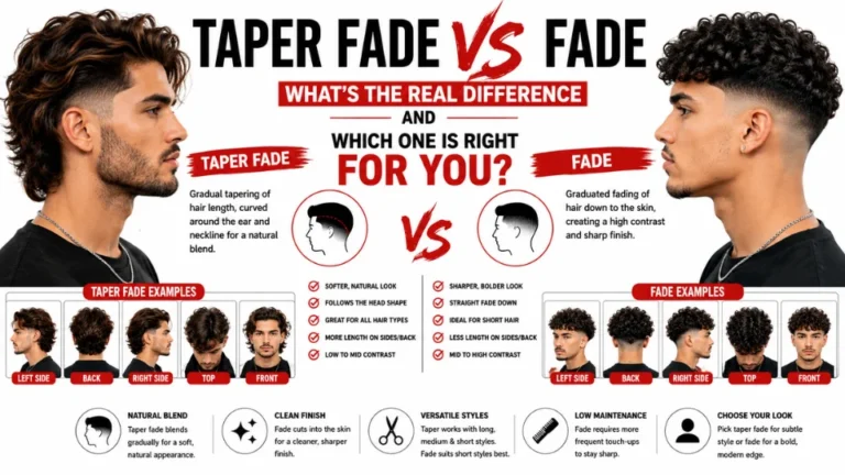 Taper Fade vs Fade comparison guide featuring side-by-side men's haircuts, highlighting the key differences between a taper fade and a fade, with hairstyle examples, front, side, back, and top views, styling tips, and comparison features in a professional barber haircut guide.