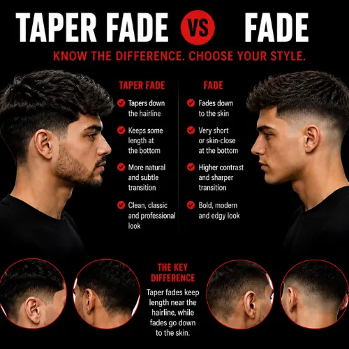 Taper fade vs fade haircut comparison infographic showing the key differences between taper fade and fade hairstyles with side-by-side men's haircut examples and back view illustrations.