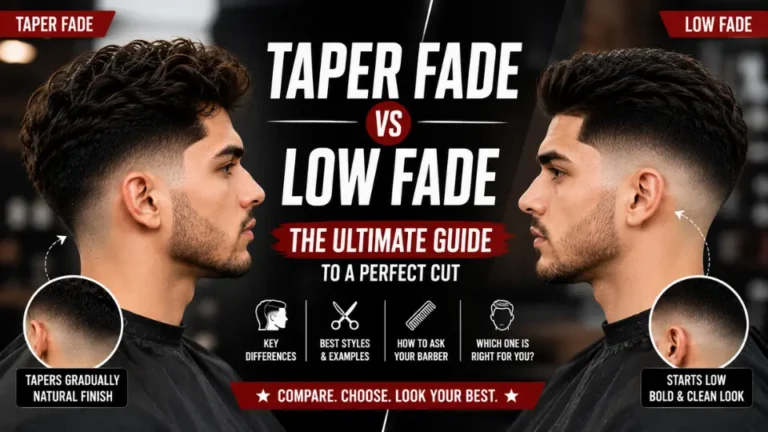 Professional Taper Fade vs Low Fade comparison guide showcasing side-by-side men's hairstyles, haircut differences, fade transition, styling recommendations, maintenance comparison, and expert barber advice for selecting the ideal fade.