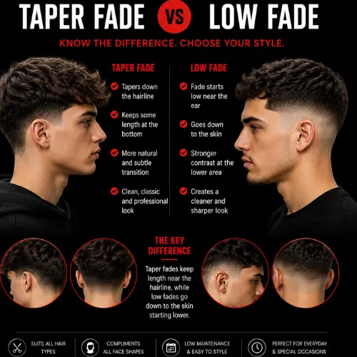 Taper fade vs low fade haircut comparison infographic showing the key differences between taper fade and low fade hairstyles with side-by-side men's haircut examples, fade transitions, and back view illustrations.