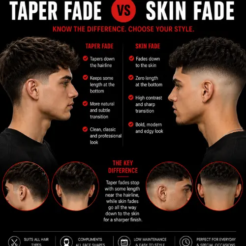 Taper fade vs skin fade haircut comparison infographic showing the key differences between taper fade and skin fade hairstyles with side-by-side men's haircut examples, fade transitions, and back view illustrations.