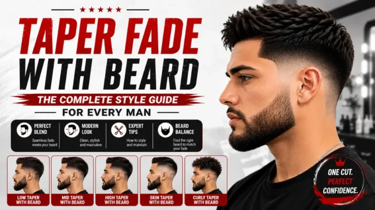 Taper Fade with Beard: The Complete Style Guide for Every Man feature image showcasing a modern men's taper fade haircut paired with a full, well-groomed beard, plus low taper, mid taper, high taper, skin taper, and curly taper with beard styles on a bold red, black, and white barber-inspired design.