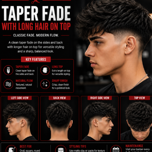 Taper fade with long hair on top featuring a textured long hairstyle, clean taper fade on the sides and back, left, right, back, and top views with a modern barber styling guide.