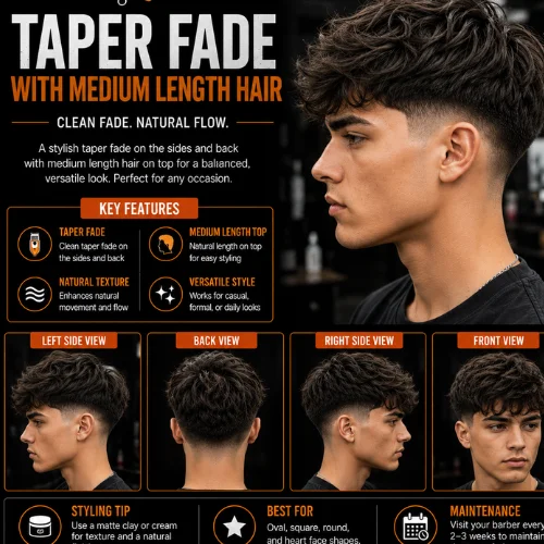 Taper fade with medium length hair featuring a textured medium-length hairstyle, clean taper fade on the sides and back, front, side, and back views with a modern barber styling guide.