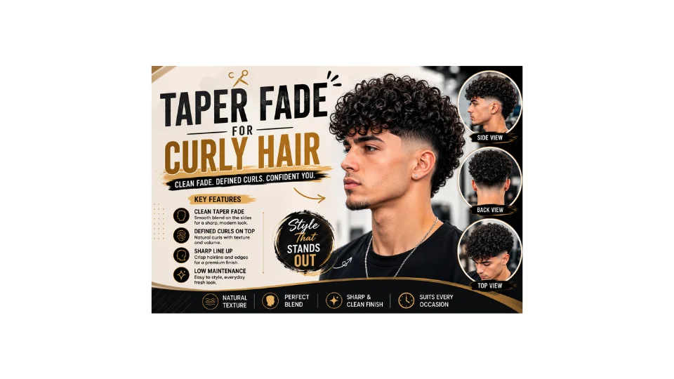 Taper Fade for Curly Hair infographic featuring a modern men's curly taper fade haircut with defined curls, clean taper fade on the sides and back, sharp line-up, key styling features, and side, back, and top hairstyle views for barber inspiration.