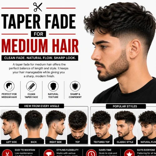 Taper fade for medium hair featuring a textured medium-length hairstyle, clean taper fade on the sides and back, with left, right, back, and top views plus popular styling options in a modern barber haircut guide.