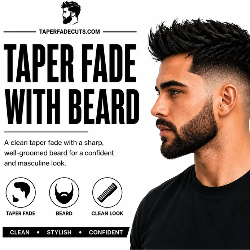 Taper fade with beard hairstyle for men featuring a clean taper fade, full well-groomed beard, textured hair on top, and a modern barber style for a sharp masculine look.