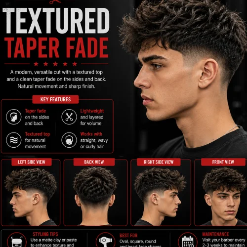 Textured taper fade haircut for men featuring a voluminous textured top, clean taper fade on the sides and back, front, side, and back views, and a modern barber styling guide.