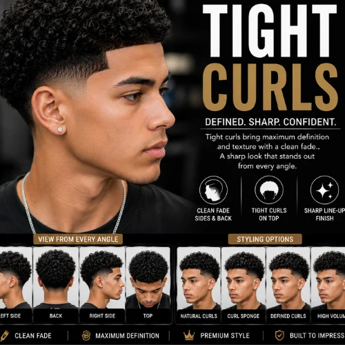 Tight curls with taper fade featuring defined tight natural curls on top, a clean taper fade on the sides and back, sharp line-up, seamless fade blending, and left, right, back, and top views with modern barber styling for men.