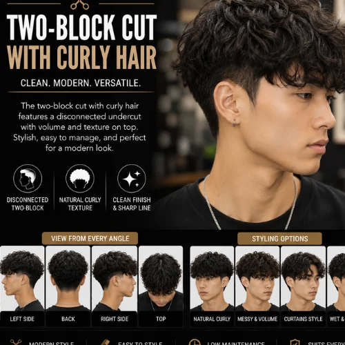 Two-Block Cut with Curly Hair featuring textured natural curls on top, a modern two-block haircut with tapered sides and back, clean line-up, seamless blending, and left, right, back, and top views with stylish barber hairstyle variations for men.