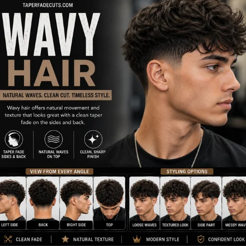 Wavy hair with taper fade featuring natural textured waves on top, a clean taper fade on the sides and back, sharp line-up, seamless fade blending, and left, right, back, and top views with modern barber styling for men.