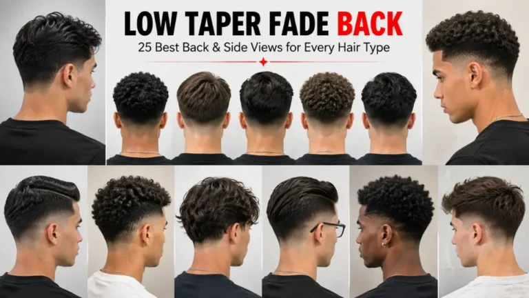 Collage of 25 low taper fade back and side view haircuts for men, showcasing straight, wavy, curly, and textured hairstyles with clean tapered finishes for every hair type.