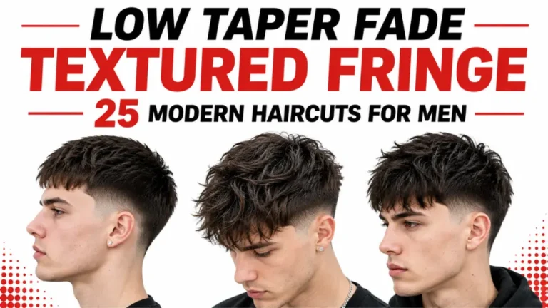 Low taper fade textured fringe featuring three modern men's haircuts with textured fringe styles and clean low taper fades on a white background with black and red design.