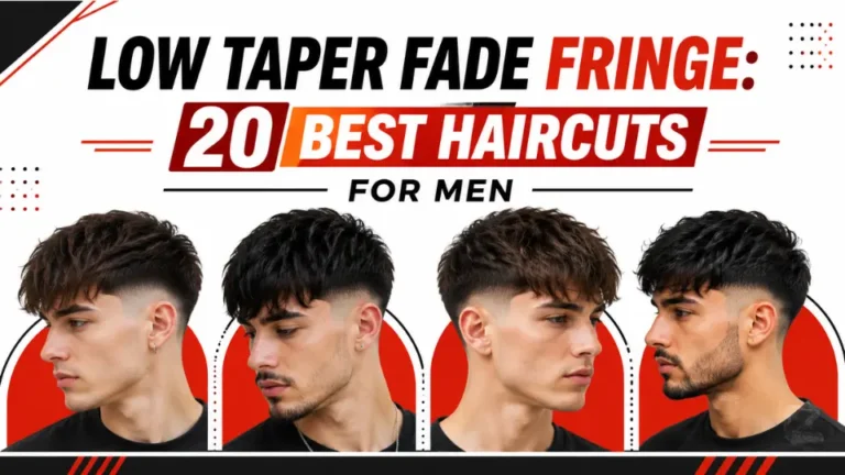 Low taper fade fringe hairstyles for men featuring 20 modern haircut ideas with textured fringe, clean low taper fades, sharp lineups, and stylish looks for straight, wavy, and thick hair.