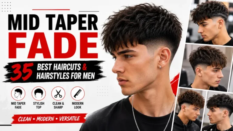 Mid taper fade: 35 best haircuts and hairstyles for men featuring a clean mid taper fade, textured top, modern styling, and multiple trendy men’s haircut looks.