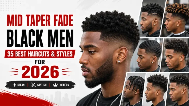 Mid taper fade for Black men featuring 35 haircut and hairstyle ideas for 2026, including curly tops, waves, twists, braids, afros, sharp lineups, beard styles, and creative hair designs.