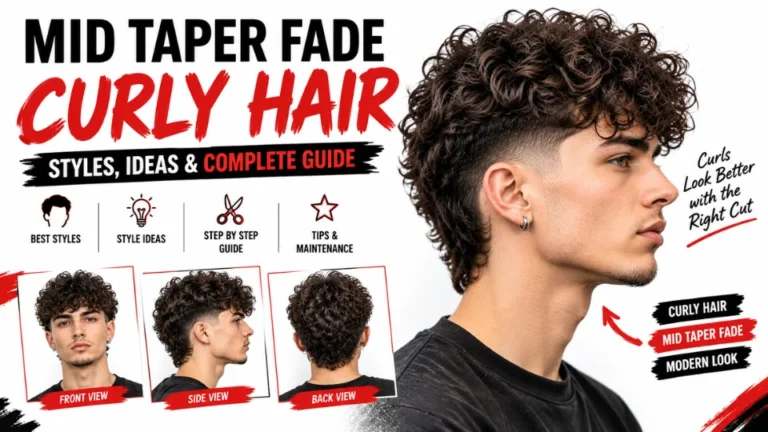 Mid taper fade curly hair featuring dense defined curls on top, a clean medium taper around the temples and neckline, natural curl volume, and a modern textured finish.