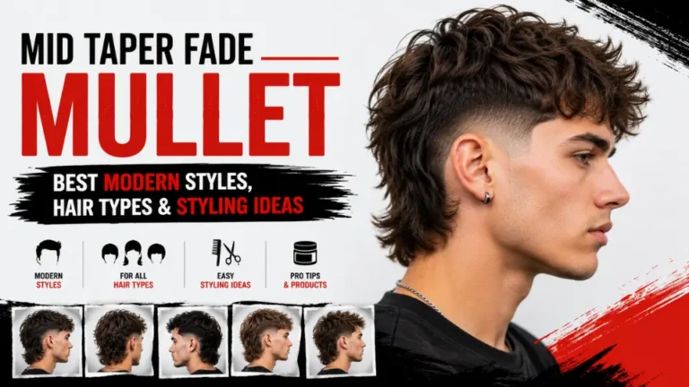 Mid taper fade mullet featuring textured wavy hair, a clean medium-height taper, elongated back section, natural volume, and modern layered styling showcased in a haircut feature graphic.